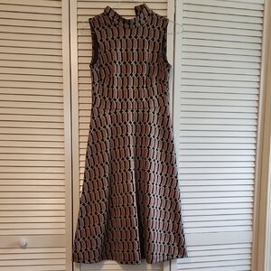 Maggy London Pink and Tan A-Line Midi Dress Mock Neck